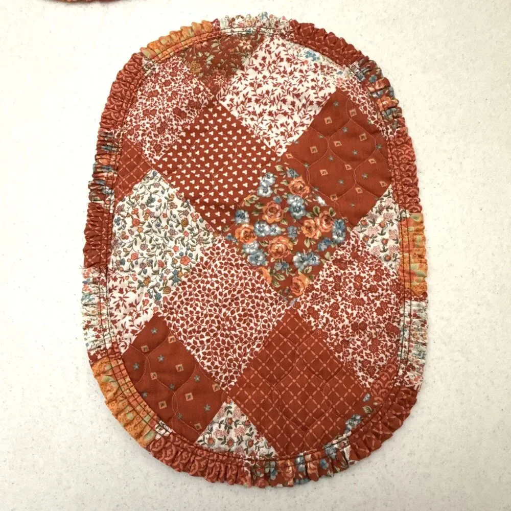 Handmade Vintage Quilted Placemats Set of 4 Patchwork Fall Colors Oval Trim